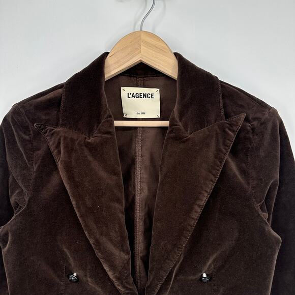L’AGENCE Wayne Cropped Velvet Blazer Double Breasted Jacket Classic, Brown - Picture 4 of 8